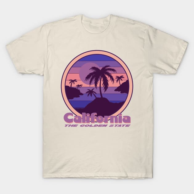 California The Golden State Retro Purple Sunset T-Shirt by Funky Chik’n